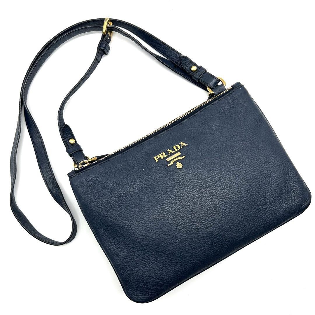 Prada Navy Leather Shoulder Bag with Double Pockets Designer Purse
