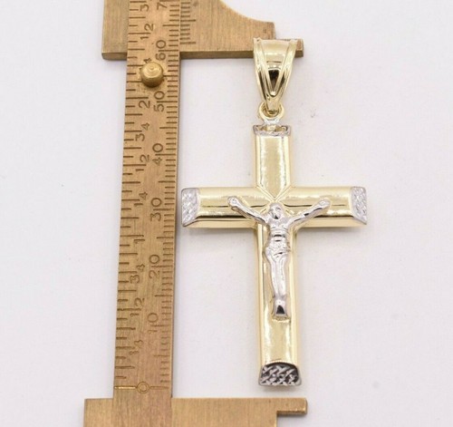 Colgante Cruz Reversible Jesucristo Crucifijo 2.5" Real Oro Amarillo Blanco 10K - Imagen 4 de 6