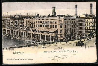 Hamburg, Arkaden und Hôtel St. Petersburg, Strassenbahn, Ansichtskarte 1902 