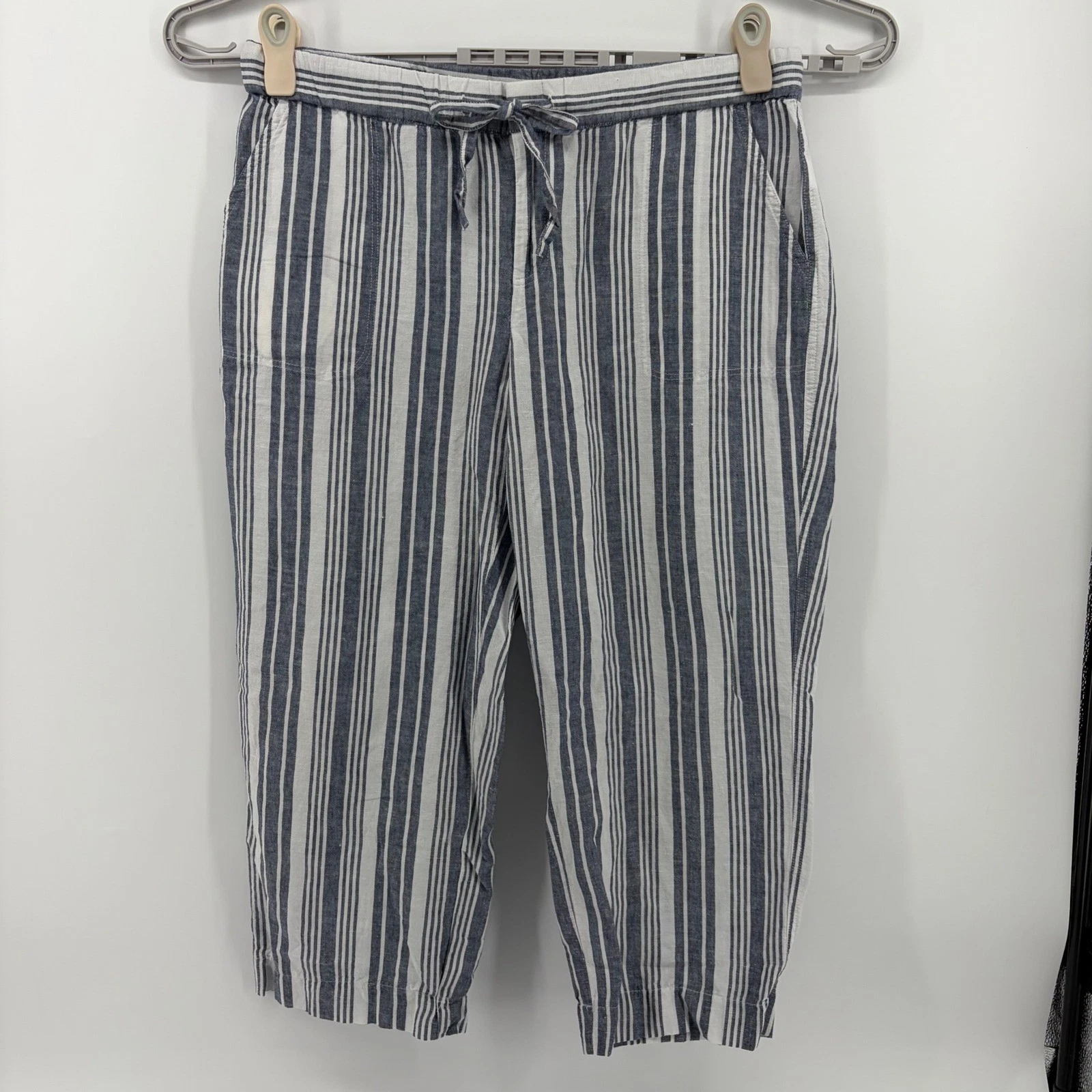 Liz Claiborne Womens L Blue White Striped Linen Blend Cropped Drawstring Pants