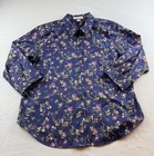 Coldwater Creek Button Up Shirt 14P Floral Bird Print Cotton Lightweight Purple