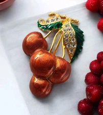 Vintage Signed Edgar Berebi Limited Edition Enamel Cluster Of Cherries Brooch 