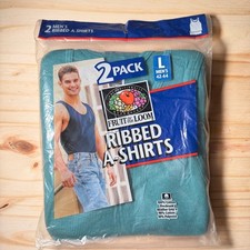Vtg 1999 Fruit of the Loom A-Shirts Mens L Teal Blue Cotton Ribbed 2 Pack Tank