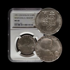 CZECHOSLOVAKIA. 1991, 100 Korun, Silver - NGC MS68 - Mozart, Don Giovanni Prague