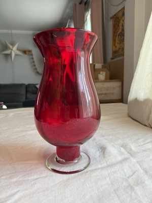 MCM Ruby Red VASE Morgantown Glass Pedestal Clear Base 11  Big