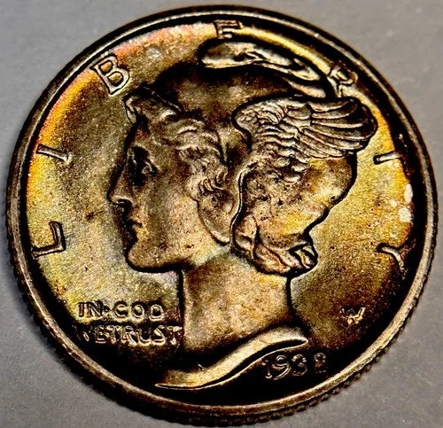 * 1938-d *SUPERB GEM BU FBTONED SILVER MERCURY DIME * FRESH FROM ESTATE