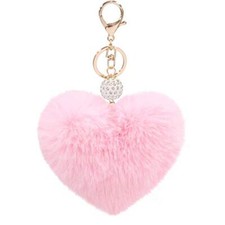 Women's Heart Faux Fur Pom Pom Key Chains Bag Accessory Puffball Keyring Pink