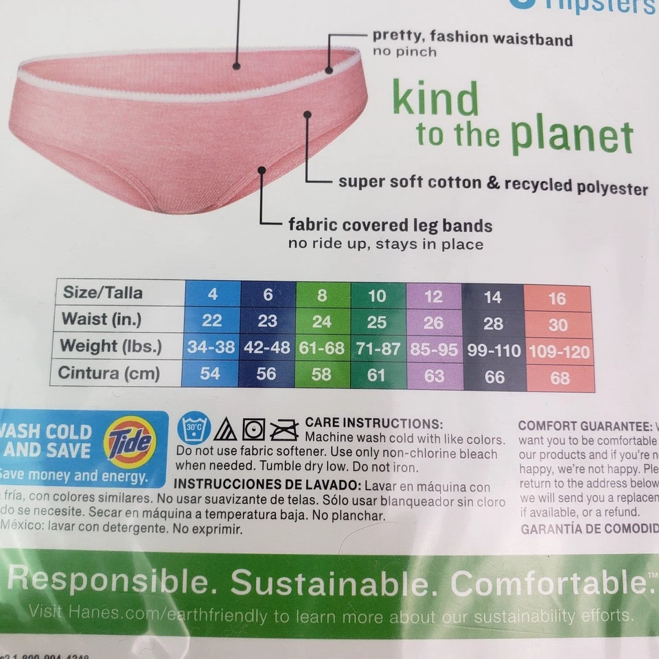 Hanes Niñas Talla 14 Rosa Púrpura Multi Acanalado Algodón Sin Etiquetas Hipsters Ropa Interior Paquete de 6 Foto 3 de 4