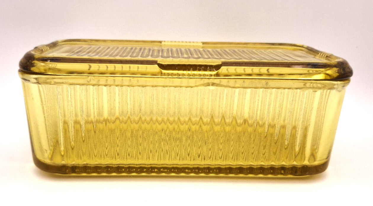 Vintage Federal Glass Amber Gold Yellow Rectangle Refrigerator Box Dish 8.5"