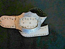 Women's NANNI Belt Beige Suede Silver Studs Ornate Etched Silver Buckle VTG. 36"