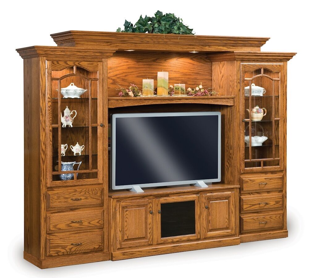 Amish TV Entertainment Center Solid Oak Wood Media Wall Unit ...