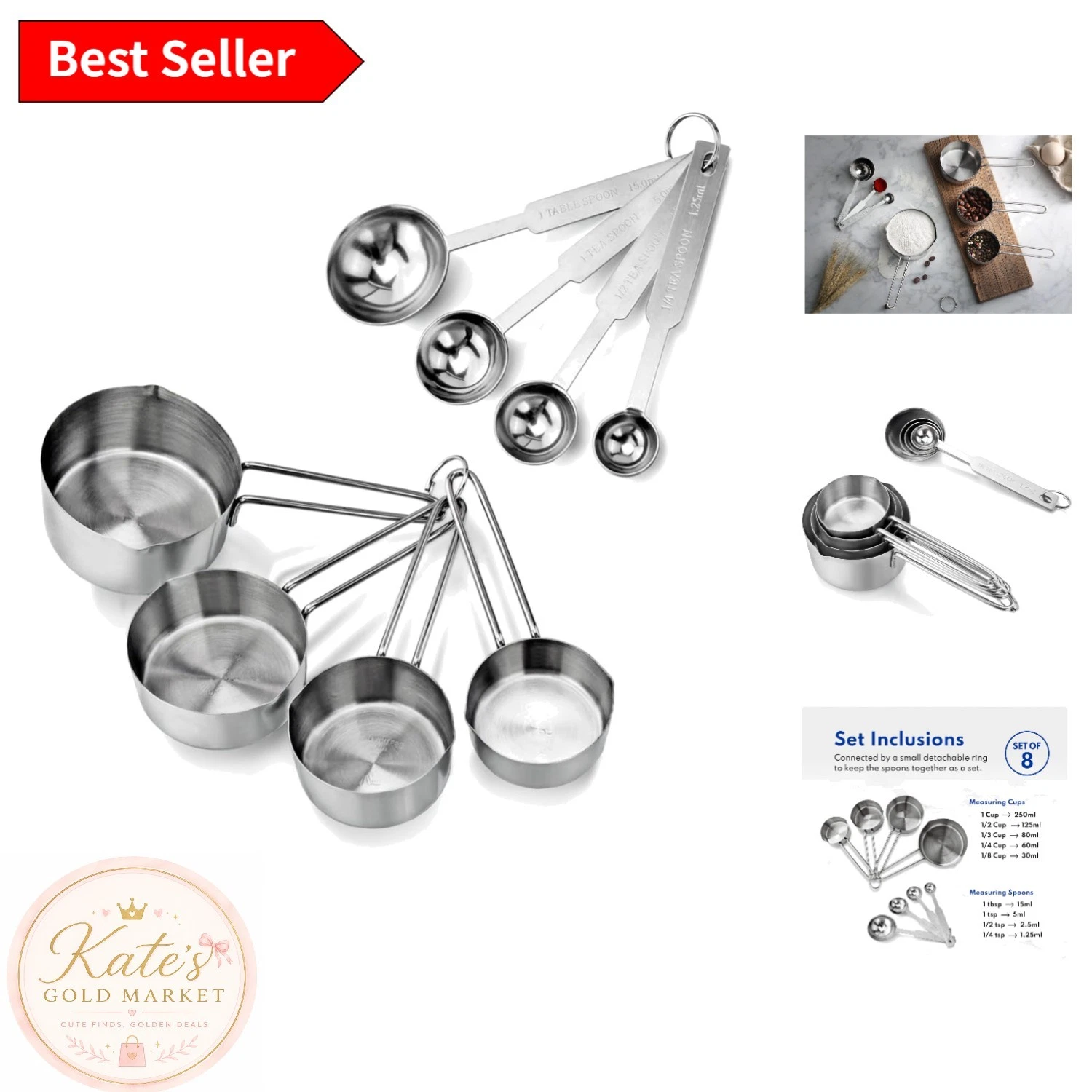 Space-Saving 8-Piece Stainless Steel Measuring Set for Kitchen Accuracy