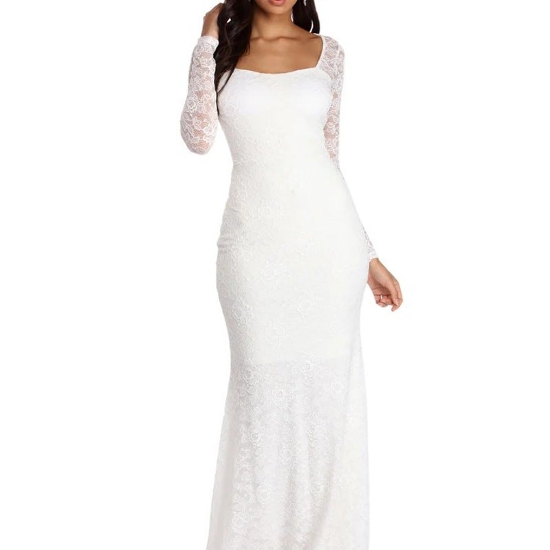 Windsor Delilah Illusion Floral Lace Long Sleeve Maxi Formal Dress White