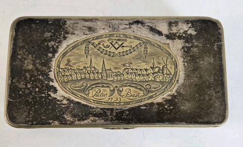 Antique 18th C. European Dutch Silver on Brass Box Masonic Engraved 1793 6.5 in