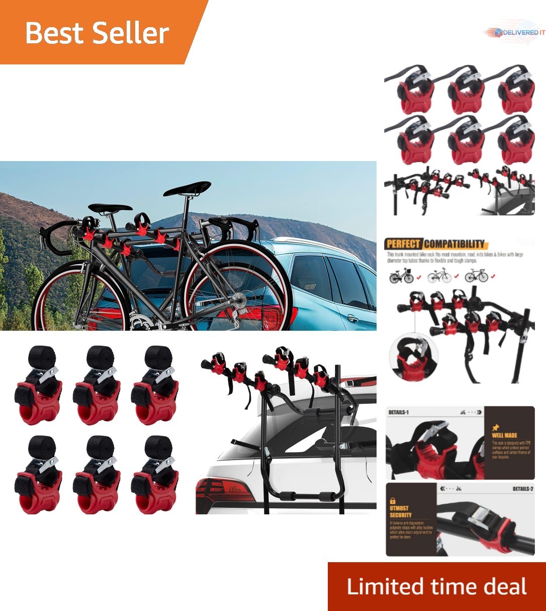 Bike Rack Cradles Straps Set 6Pcs Rubber Tie-Downs Replacement Hitch Mount