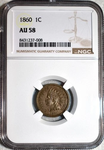 NGC AU-58 1860 Pointed Bust Indian Head Cent, Lustrous, Tough Variety!