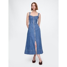 GAP UltraSoft Denim Zip Front Maxi Dress Medium Wash Sz L $108 {OO44}