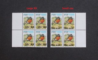 FIJI ERROR PROVISIONAL OVERPRINT 38c/$1 MNH BLK4 WITH LARGE XX & SMALL xxx RR