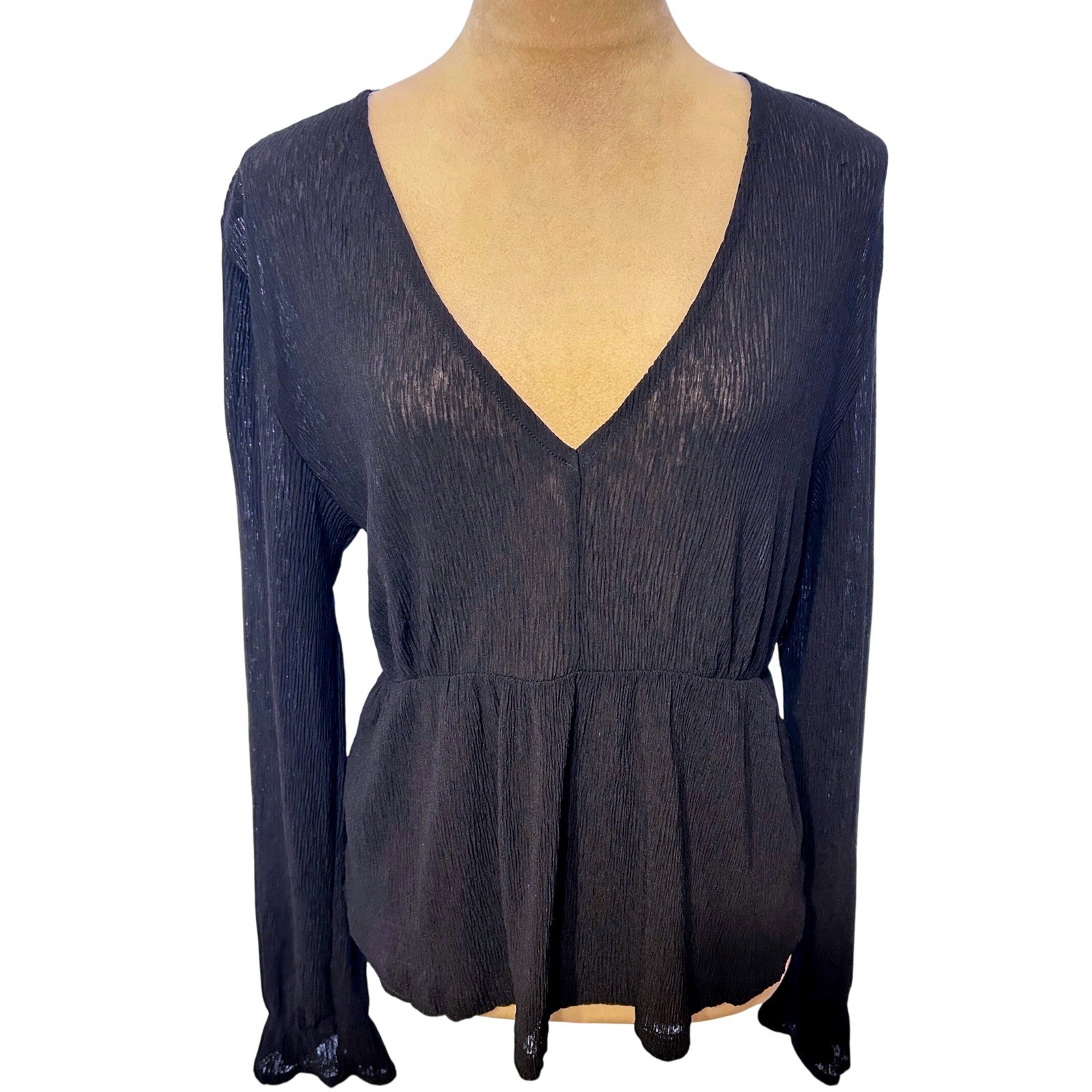Mango MNG Black Plissé V-Neck Peplum Blouse Women Large