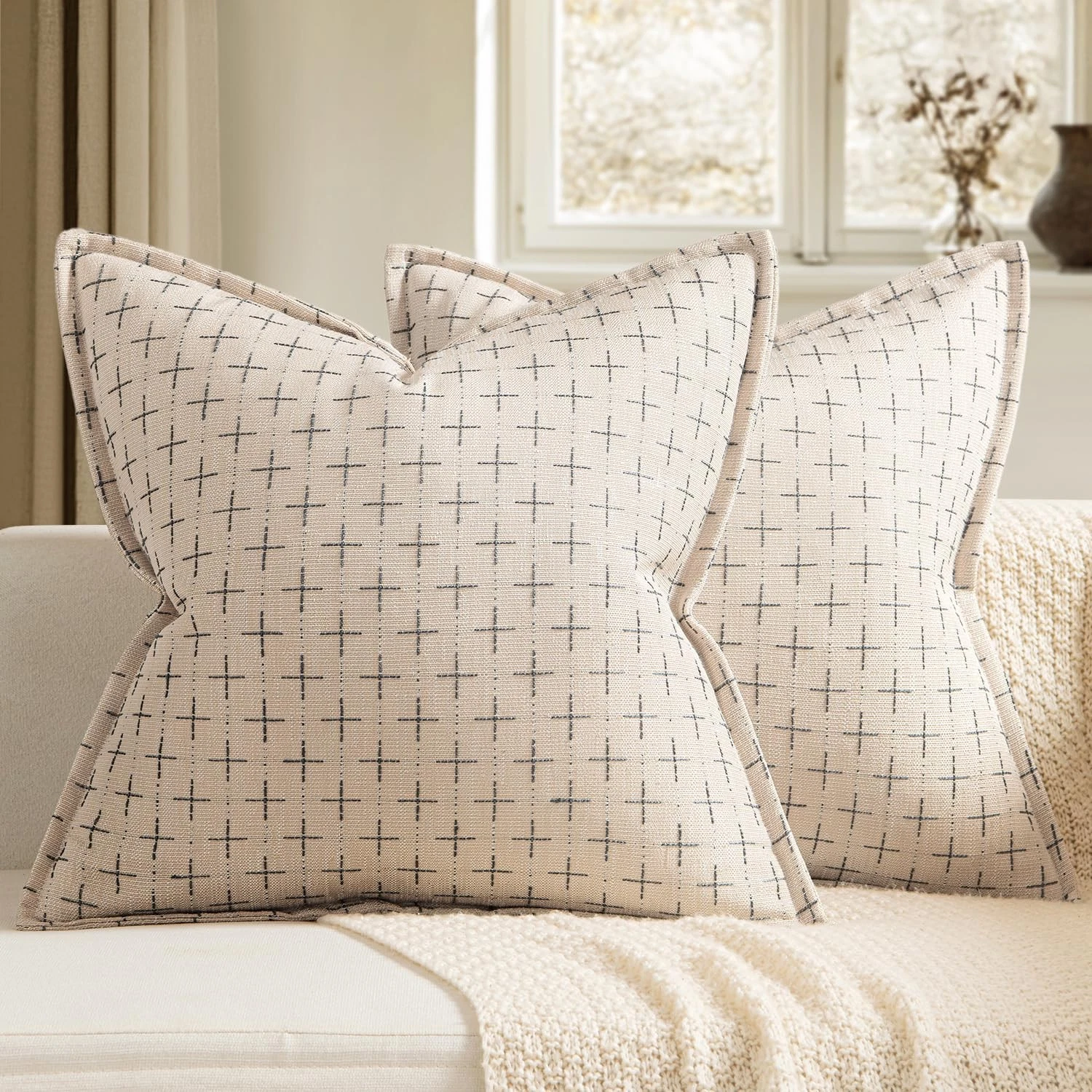 Decorative Burlap Euro Sham Linen Throw Pillows Covers for Bed 24x24 Inch Bei...