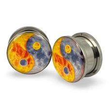Pair of Screw on Sun and Moon Yin Yang Picture Plugs gauges 16g to 1 inch