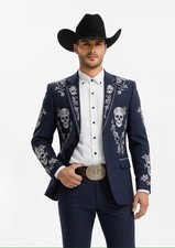 Men Blue 2Pc Floral Skull Embroidered Cowboy Western Nudie Suit wedding Outfit