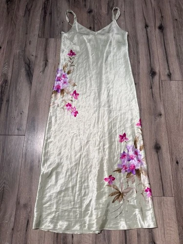 Valerie Stevens Intimates Floral Satin Slip Dress Lt Green Pink Orchid Print Max