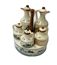 Vintage Rare 1950s Ceramic Salt Pepper Condiments Set Lazy Susan Lighthouse Food