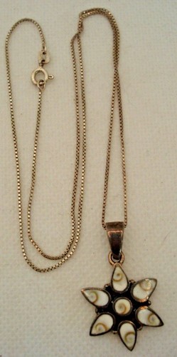 Beautiful Vintage Sterling Silver Star Polished Seashell Pendant Sterling Chain
