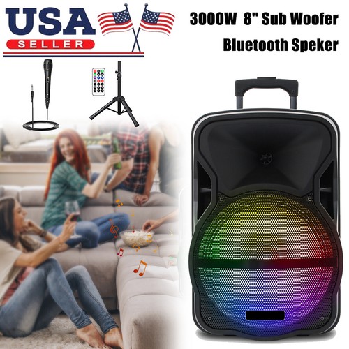 3000W 12" Portable Bluetooth Speaker Stereo Sound with Led Light Party Outdoor