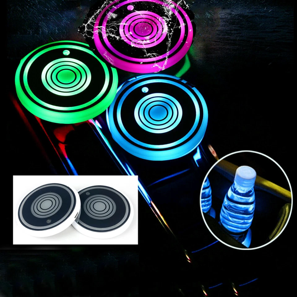 2PCS Car Cup Bottle Holder Mat 7 Color LED Coaster Pad Atmosphere Light Decor — 第 2/4 张图片