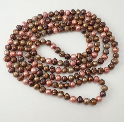 Copper Tones Ringed Baroque Cultured Pearl 60 1/2" Knotted Continuous Necklace