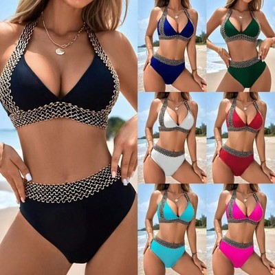  Damen Push-Up Bikini Set Badeanzug Bademode Bauchweg Schwimmanzug Hohe Taille D