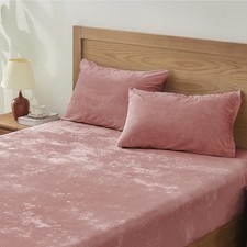 Deep Pocket Velvet Fitted Sheet Set with Pillowcases for Queen Bed, Dusty Pink