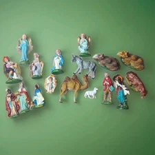 Vtg 17 Pc Hand Painted Paper Mache Nativity Italy Holy Family Jesus Mary Joseph