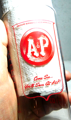 #ad Old A P Grocery Store Advertising Tumbler Measuring Glass w Red Pyro Design $28.95