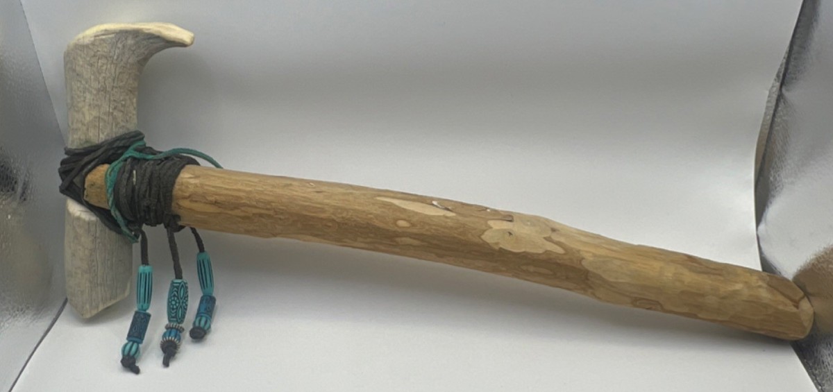 Vintage Native American Tomahawk Antler Axe Bone Head Wood Handle