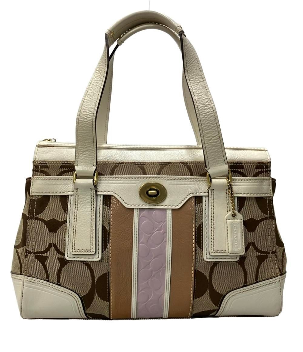 COACH Signature Tote Bag F11620 Beige Leather Trim Womens Preowned Authentic