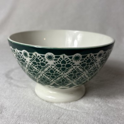 Antique French Café Au Lait Bowl Green Moroccan Lace Pattern Early 1900s