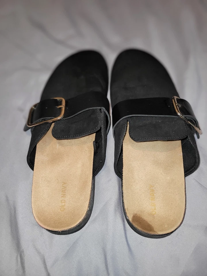 Sapatos femininos Old Navy tamanho 11 mula cortiça preto vegano camurça fivela novo - Imagem 4 de 4