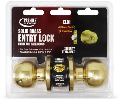 NEW Premier Lock Solid Brass Keyed Entry Door Knob With 2 KW1 Keys-Carded