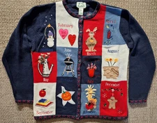 The Quacker Factory Monthly Holiday Cardigan Sweater Size L Embroidered NEW/NWT