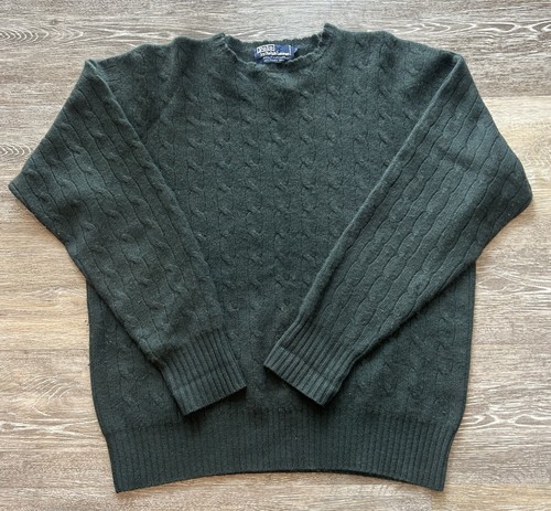 Vintage Polo Ralph Lauren 100% Cashmere Cable Knit Crewneck Sweater Green Large