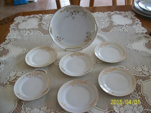 Nippon Cake Plate Double Handled & 6 Serving Plates Vintage Gold Floral Pattern