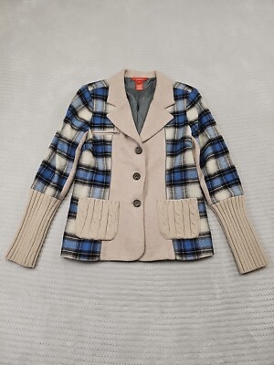 Sundance Sweater Blazer Womens Mixed Media Blue Plaid Cable Knit Pockets 