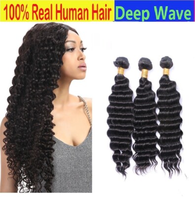 Brazilian Deep Wave Black Color #1B 100 Human Hair Weave 1 & 3 Bundles