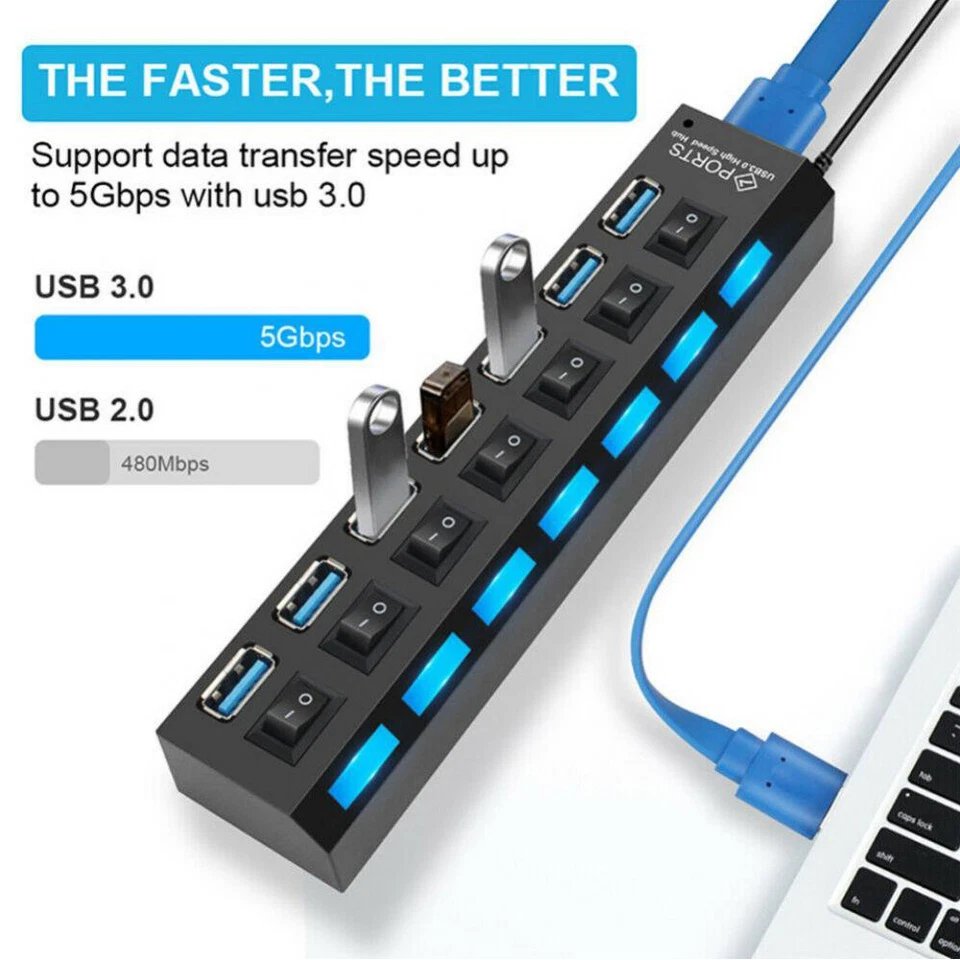 7 Port USB 3.0 Hub Splitter Adapter High Speed Extension For PC Laptop Desktop - Image 4 of 4