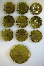 SET OF 10 ENAMELLED CERAMIC PLATES GREEN RELIEF DECORATION Castles Loire GIEN FRANCE