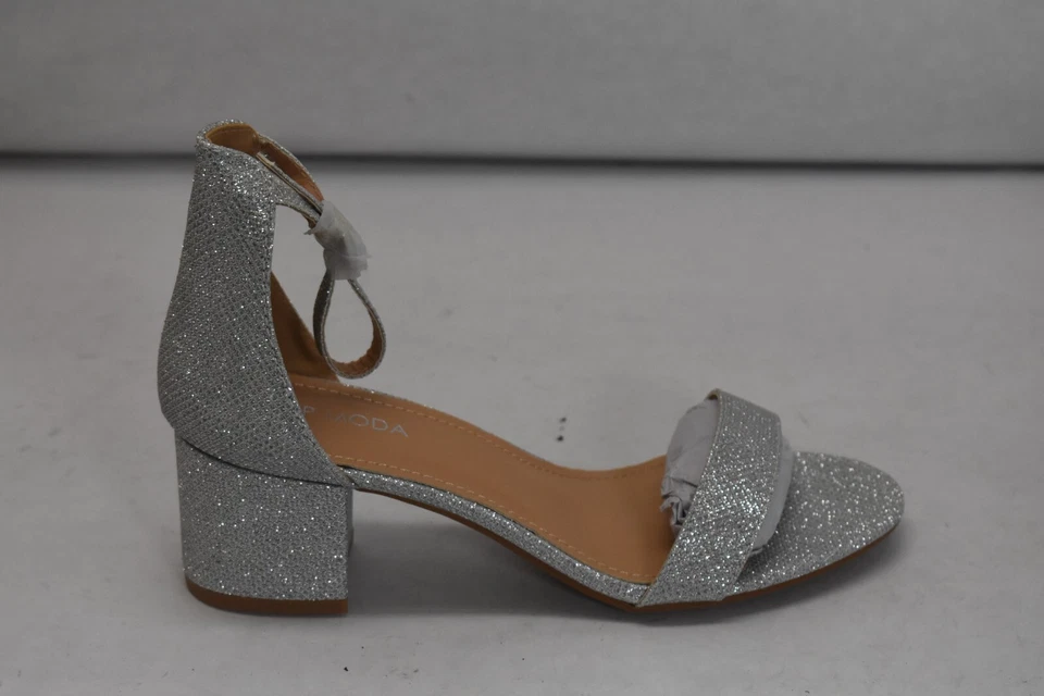 Top Moda Ankle Strap Chunky 2-1/2" Heel Silver Glitter Sandals Womens Size 8.5 - Image 3 of 4