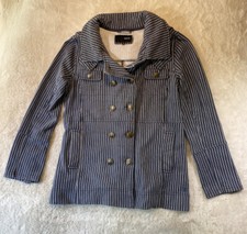 Hurley Jacket Women L Double Breasted Hooded Fleece Blue White Striped Nautical